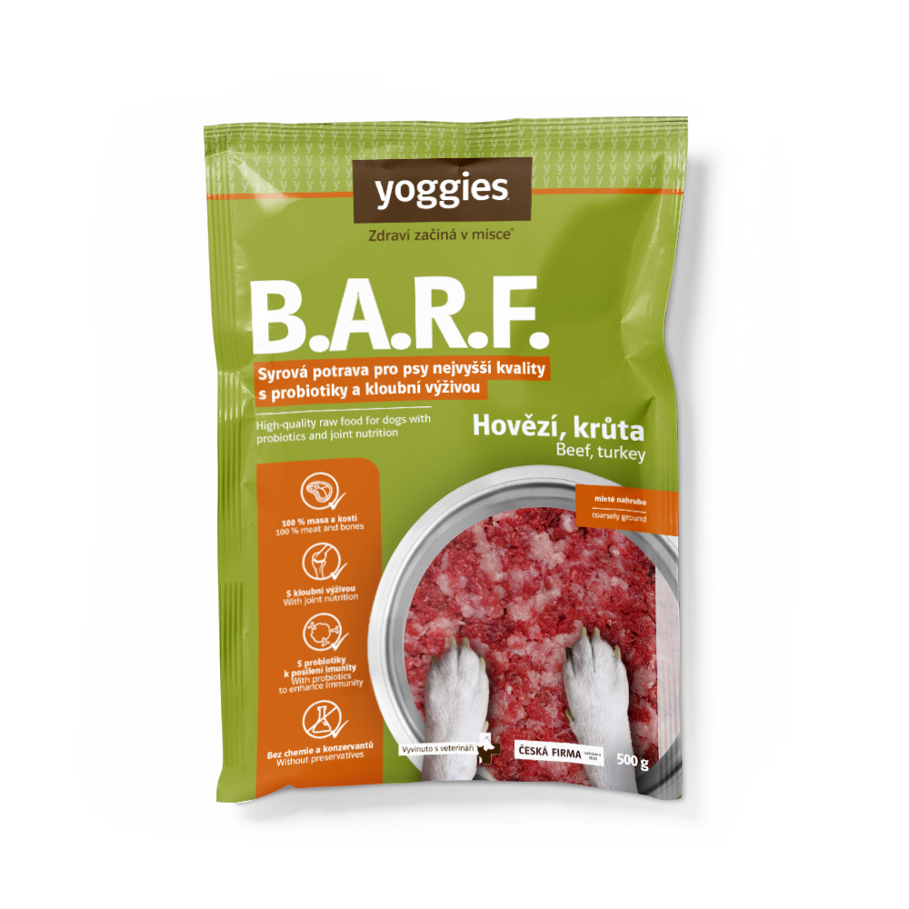 500g Yoggies B.A.R.F. Hovězí a krůta s probiotiky a kloubní výživou 
